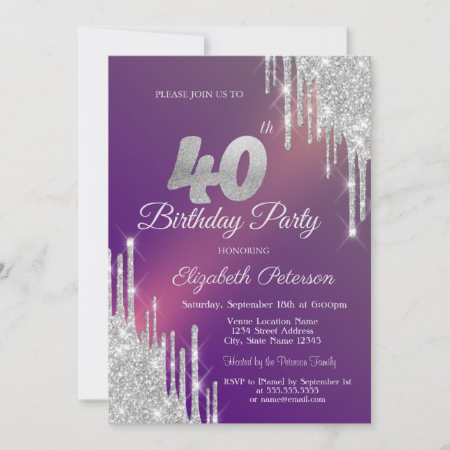 Chic Silver Glitzer Tropfen Lila 40. Geburtstag Einladung (Vorderseite)