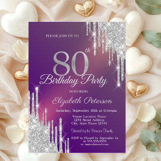 Chic Silver Glitzer Tropfen Lila 80. Geburtstag Einladung