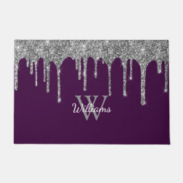 Chic Silver Glitzer Tropfen Monogram Name Lila Fußmatte