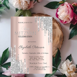 Chic Silver Glitzer Tropfen Rose Gold Bat Mitzvah Einladung