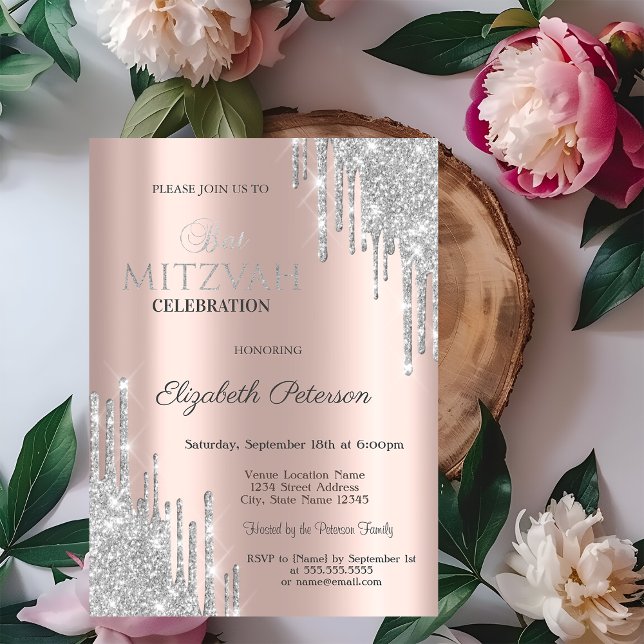 Chic Silver Glitzer Tropfen Rose Gold Bat Mitzvah Einladung (Von Creator hochgeladen)