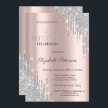 Chic Silver Glitzer Tropfen Rose Gold Bat Mitzvah Einladung<br><div class="desc">Moderne,  schicke und glamouröse Einladung mit silbernen Glitzer-Tropfen auf Rose goldenem Hintergrund.</div>