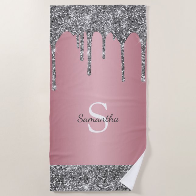 Chic Silver Glitzer Tropfen Rose Gold Pink Monogra Strandtuch (Vorderseite)