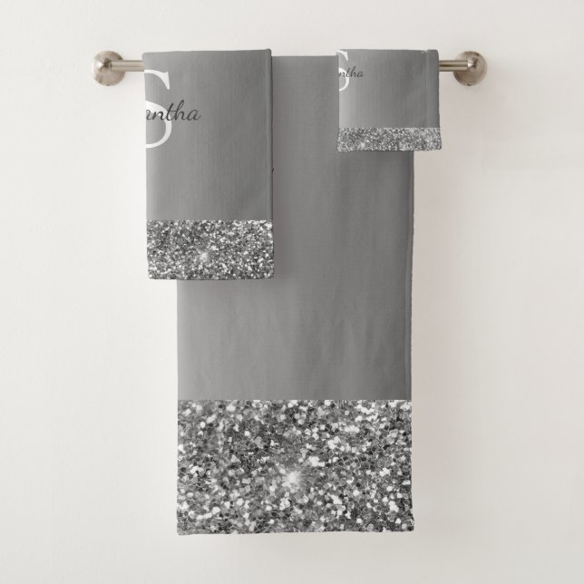 Chic Silver Glitzer Tropfen Sparkle Monogram Name Badhandtuch Set (Insitu)