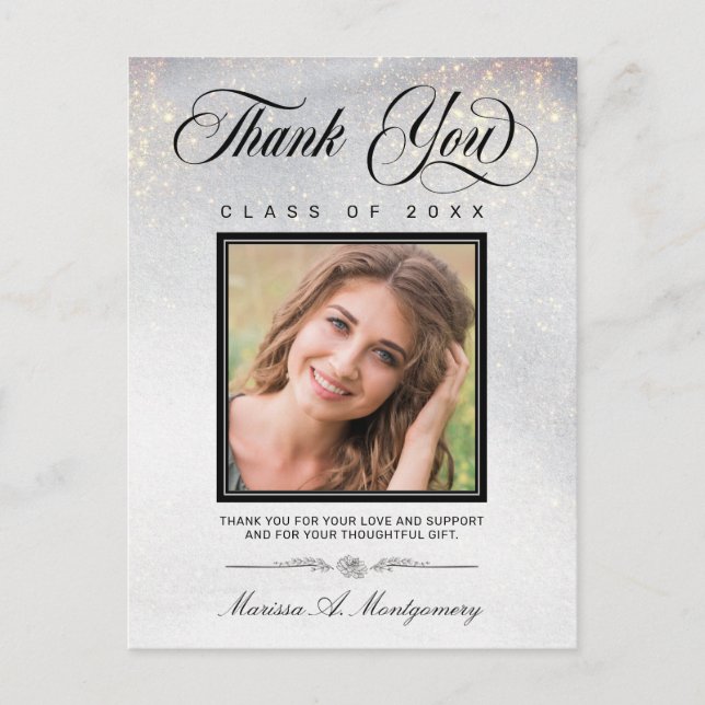 Chic Silver Gold Glitzer Foto Graduate Vielen Dank Postkarte (Vorderseite)