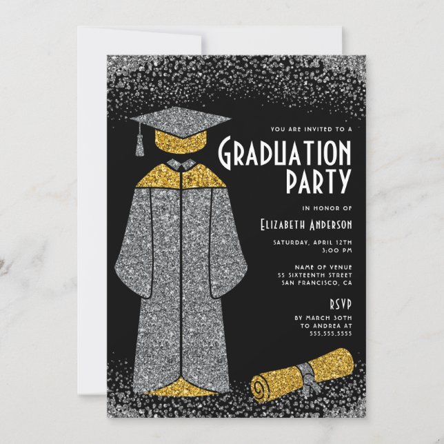 Chic Silver Gold Glitzer Graduation Party Einladung (Vorderseite)