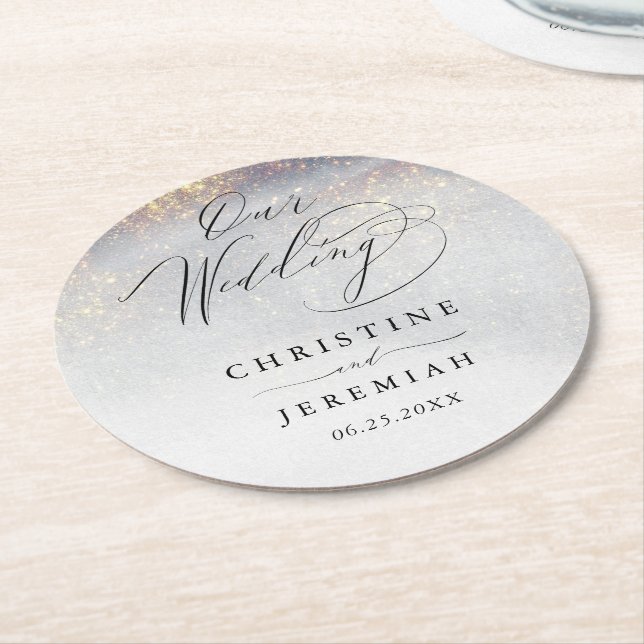 Chic Silver Gold Sparkle Watercolor Luxus Hochzeit Runder Pappuntersetzer (Angewinkelt)