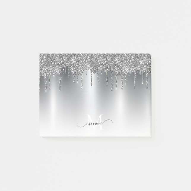 Chic Silver Gray Driving Glitzer Monogram Name Post-it Klebezettel (Vorderseite)