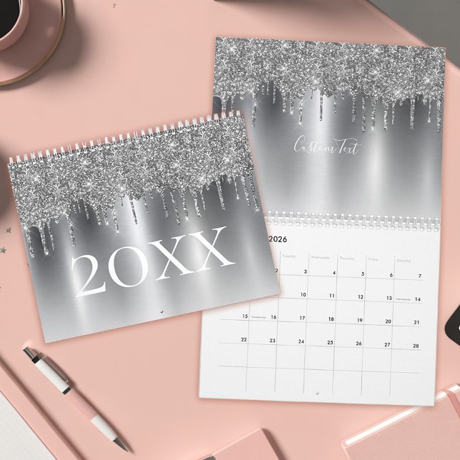 Chic Silver Gray Glitzer Ombre Monogram Kalender (Personalized Silver Glitter Drip Ombre Monogram Calendar)