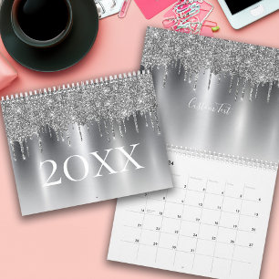 Chic Silver Gray Glitzer Ombre Monogram Kalender