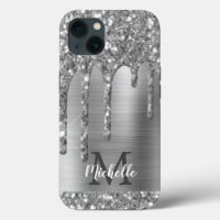 Chic Silver Gray Glitzer Tropfen Monogram Pink Met