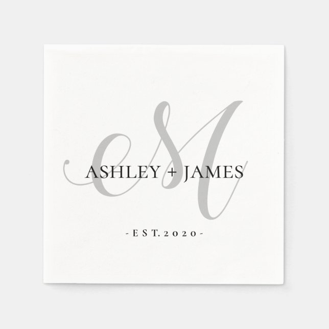 Chic Silver M Monogram Script Name Wedding Date Serviette (Vorderseite)