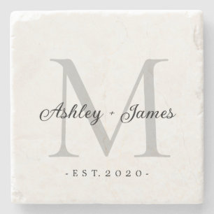 Chic Silver Monogram Script-Namen Hochzeitdatum Steinuntersetzer