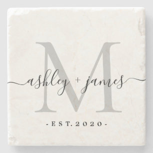 Chic Silver Monogram Script-Namen Hochzeitdatum Steinuntersetzer
