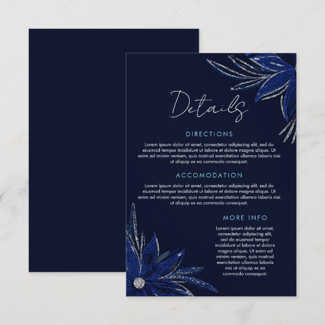 Chic Silver & Navy Blue Floral Wedding Begleitkarte (Vorne/Hinten)