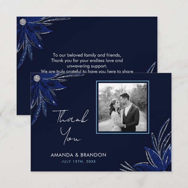 Chic Silver & Navy Blue Floral Wedding Dankeskarte (Vorne/Hinten)