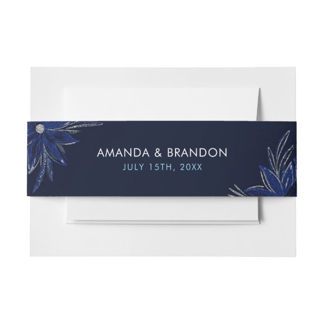 Chic Silver & Navy Blue Floral Wedding Einladungsbanderole (Vorderseite Beispiel)