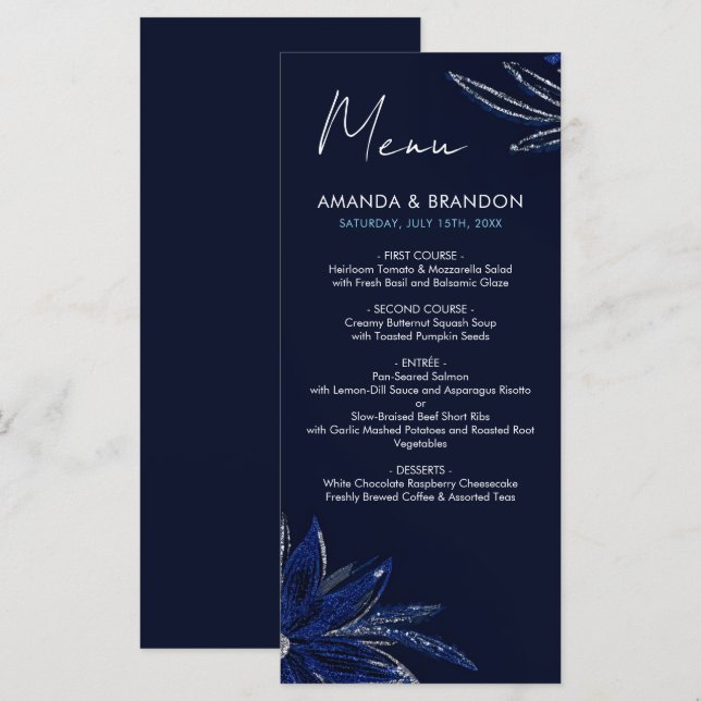 Chic Silver & Navy Blue Floral Wedding Menükarte (Vorne/Hinten)