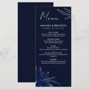 Chic Silver & Navy Blue Floral Wedding Menükarte