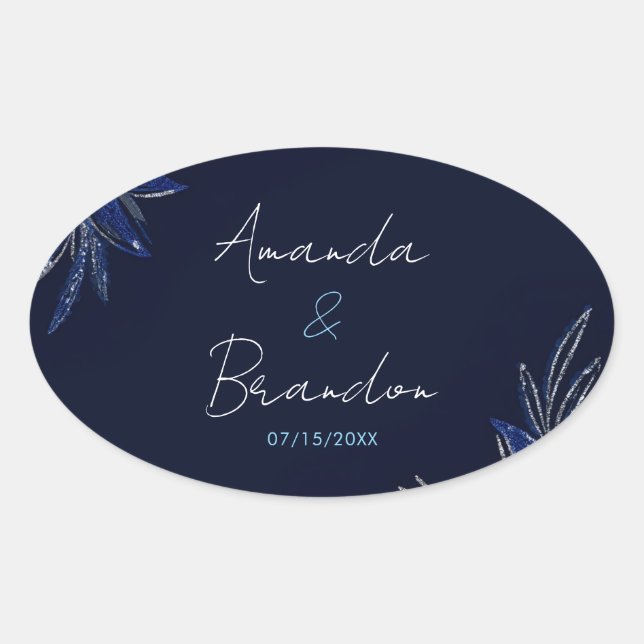 Chic Silver & Navy Blue Floral Wedding Ovaler Aufkleber (Vorderseite)