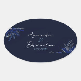 Chic Silver & Navy Blue Floral Wedding Ovaler Aufkleber
