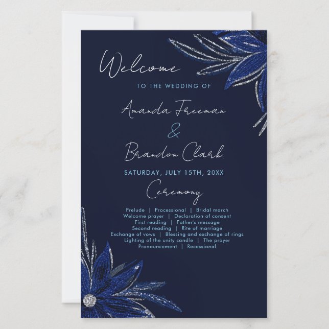 Chic Silver & Navy Blue Floral Wedding Programm (Vorderseite)