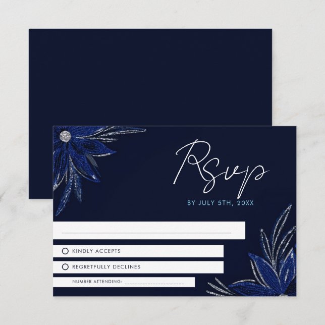 Chic Silver & Navy Blue Floral Wedding RSVP Karte (Vorne/Hinten)