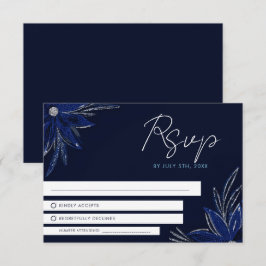 Chic Silver & Navy Blue Floral Wedding RSVP Karte