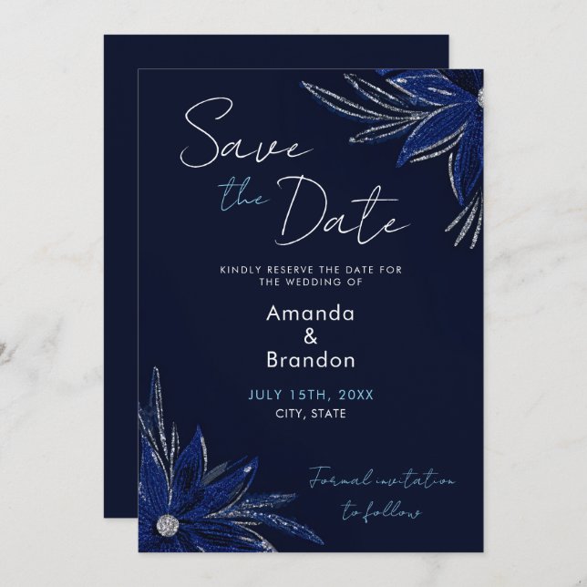 Chic Silver & Navy Blue Floral Wedding Save The Date (Vorne/Hinten)