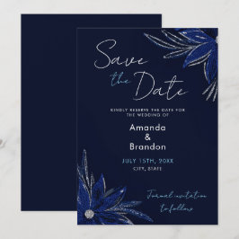 Chic Silver & Navy Blue Floral Wedding Save The Date