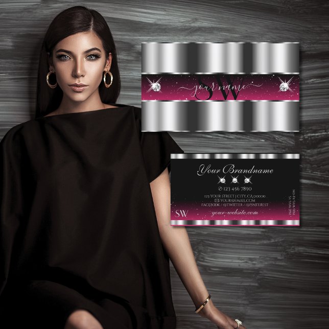 Chic Silver Pink Black Sparkling Diamonds Initiale Visitenkarte (Von Creator hochgeladen)