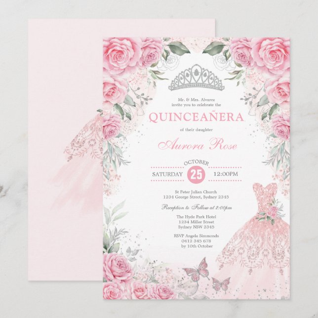 Chic Silver Pink Floral Quinceañera Princess Dress Einladung (Vorne/Hinten)