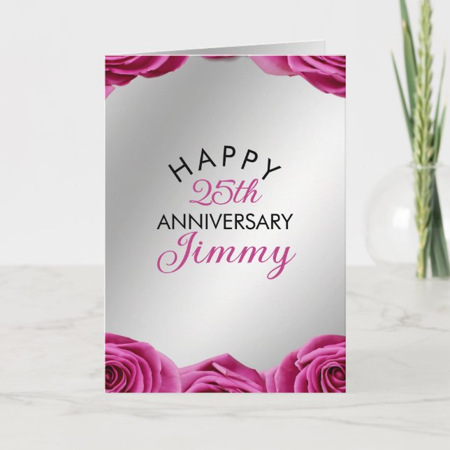 Chic Silver Pink Roses Husband 25 Jahre Jubiläum Karte (Vorderseite)