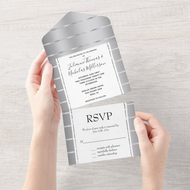 Chic Silver Ribbon Wedding All In One Einladung (Abreißen)