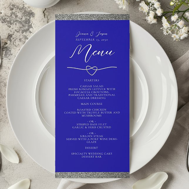Chic Silver Royal Blue Wedding Menu Menükarte (Von Creator hochgeladen)