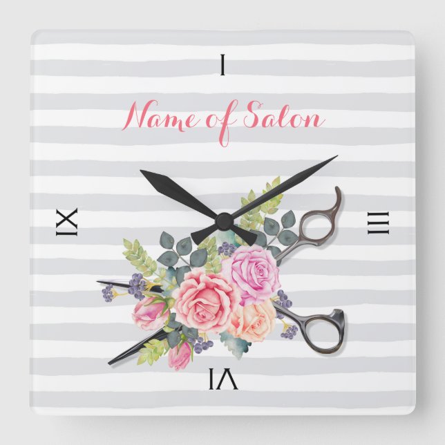 Chic Silver Scissour Haare Salon Streifen und Rose Quadratische Wanduhr (Vorderseite)