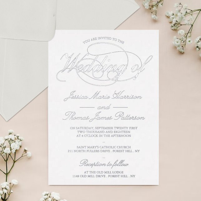 Chic Silver Script Wedding Real Folieneinladung (Von Creator hochgeladen)