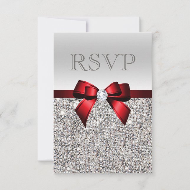 Chic Silver Sequins Diamond Red Bow Wedding RSVP Karte (Vorderseite)