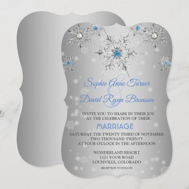 Chic Silver Snowflakes Crystal Blue Pearls Hochzei Einladung (Vorne/Hinten)