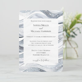Chic Silver Sparkle Waves Wedding Einladung