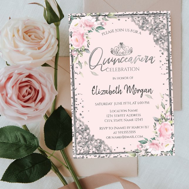 Chic Silver Tiara, Diamond Pink Blume Quinceañera Einladung (Von Creator hochgeladen)