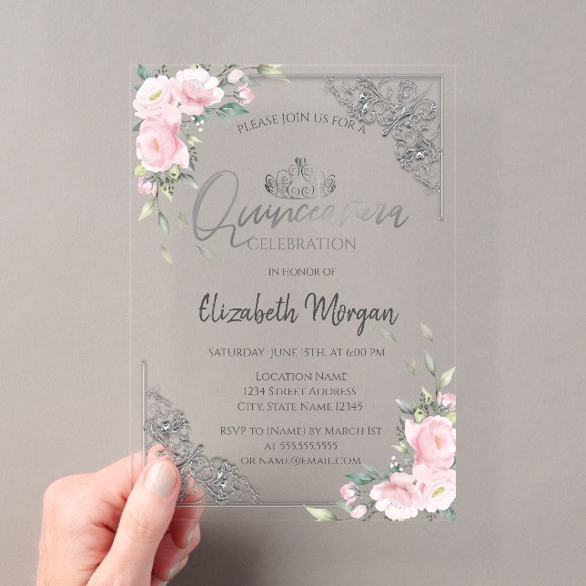 Chic Silver Tiara,Diamond Pink Flowers Quinceañera Acryleinladungen (Insitu (Handheld))