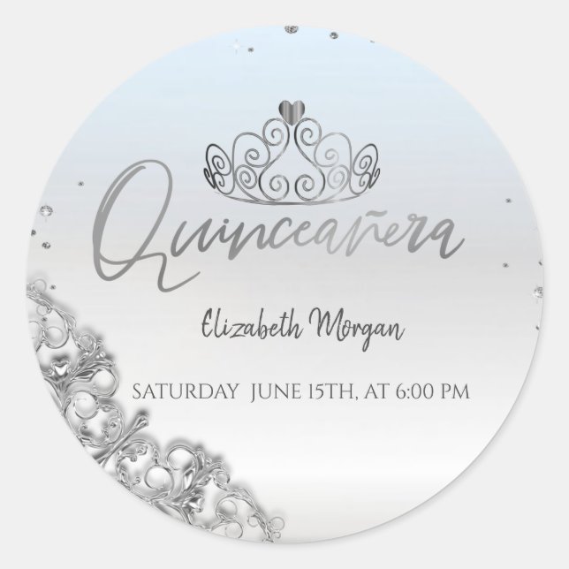 Chic Silver Tiara, Diamonds Quinceañera Runder Aufkleber (Vorderseite)