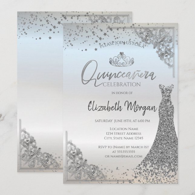 Chic Silver Tiara Dress Stars Quinceañera Einladung (Vorne/Hinten)