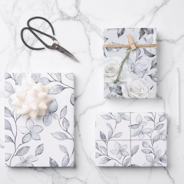 Chic Silver White Floral Wedding Geschenkpapier Set (Vorderseite)
