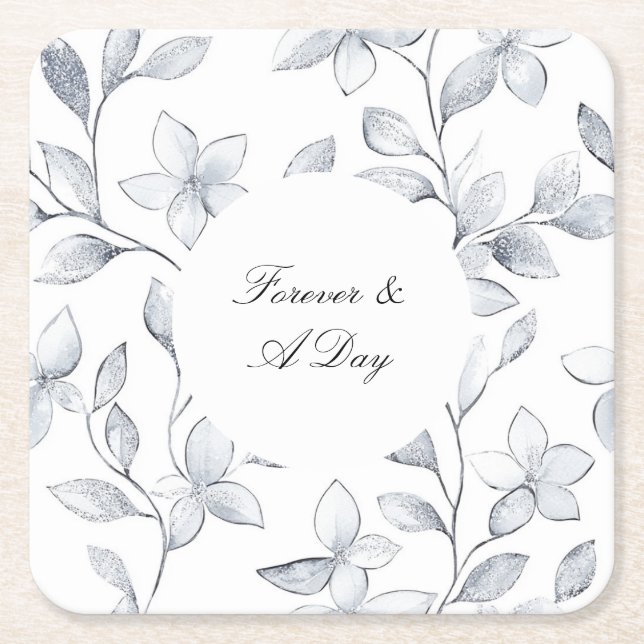 Chic Silver White Floral Wedding Rechteckiger Pappuntersetzer (Vorderseite)
