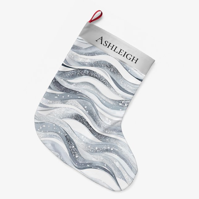 Chic Silver White Wavy Stripes Weihnachten Großer Weihnachtsstrumpf (Vorderansicht (hängend))