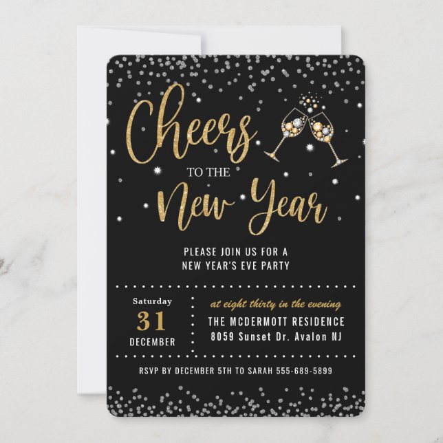 Chic Silvester Party Black Gold Glitzer Einladung (Vorderseite)