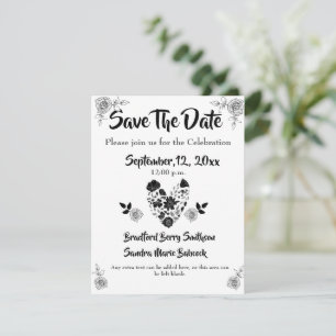 Chic Simple Black and White Floral Heart Wedding Save The Date
