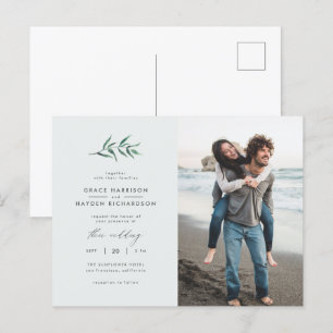 Chic Simple Blue & Green Branch Wedding Foto Einladungspostkarte
